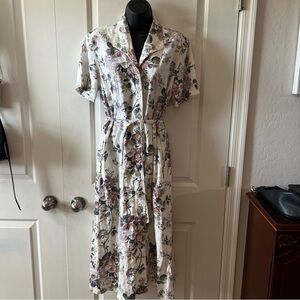 Vintage 100% Linen Floral Midi Dress